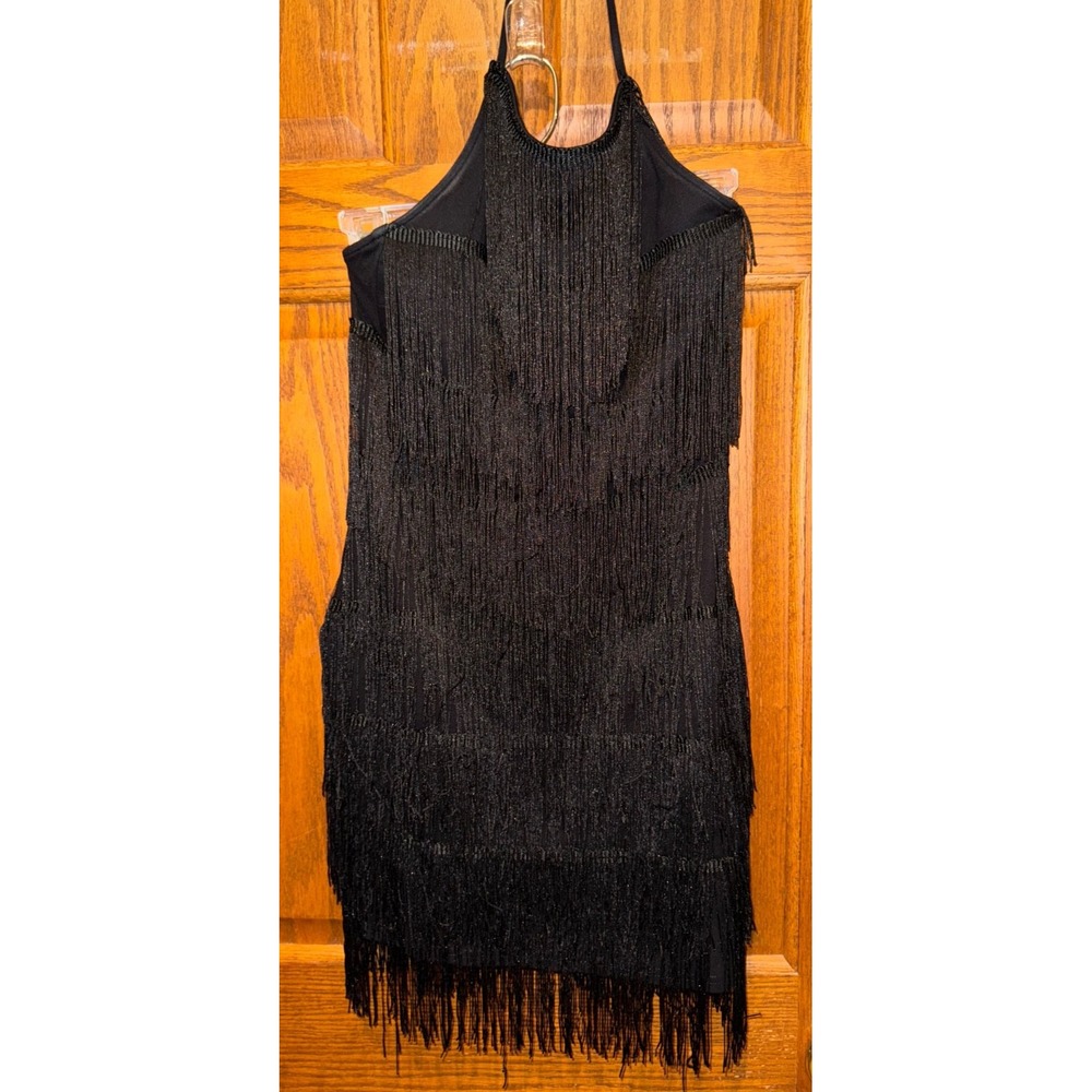 Lulus Small black Mini Body con Dress Fringe Open Back 20s style valentines day